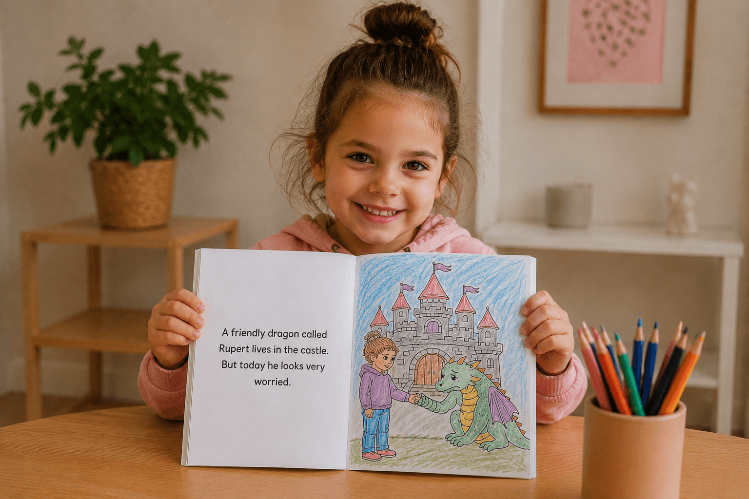 A child holding a custom colouring book