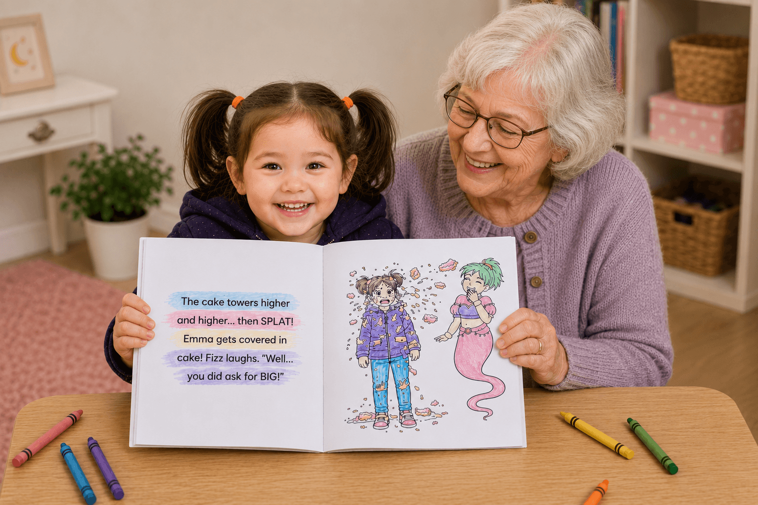 Open custom colouring book showing illustrated pages — a unique personalised gift for children
